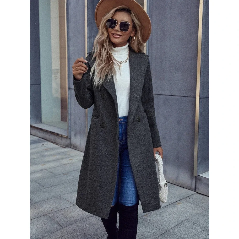 Lapel collar Double Breasted Overcoat long pea coat peacoat black long line - Picture 4 of 10